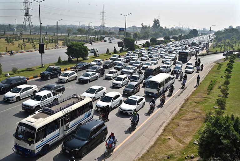 A massive traffic jam on the Islamabad Expressway during office hours causes inconvenience to commuters and delays their arrival at destinations