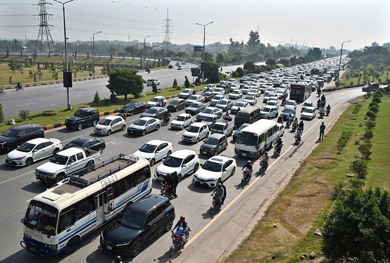 A massive traffic jam on the Islamabad Expressway during office hours causes inconvenience to commuters and delays their arrival at destinations