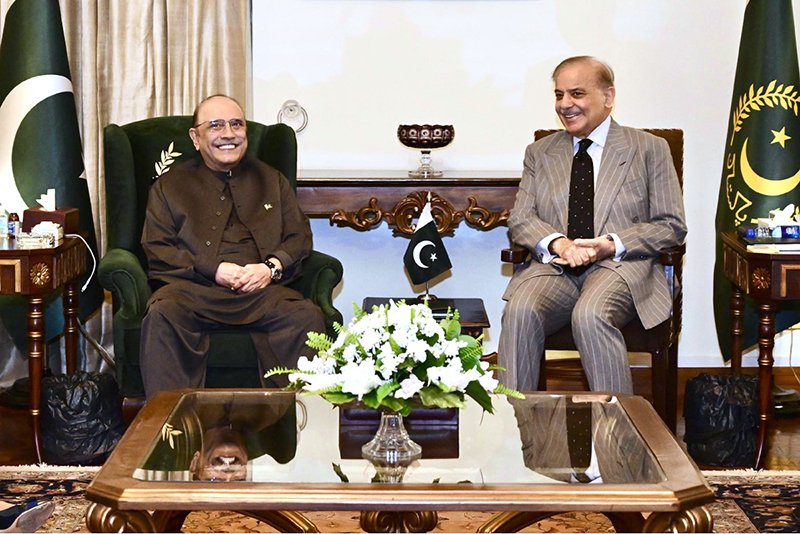 President Asif Ali Zardari in a meeting with Prime Minister Muhammad Shehbaz Sharif at Aiwan-e-Sadr.