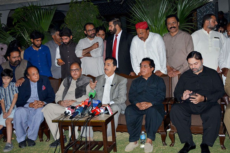 Chairman Senate Syed Yousaf Raza Gilani talks to media persons at the residence of late former minister Malik Mukhtar Ahmad Awan