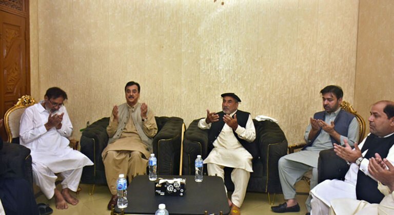 Chairman Senate Syed Yousaf Raza Gilani offers Fateha for the departed soul of Akram Chawaan’s late son during a condolence visit to his residence.