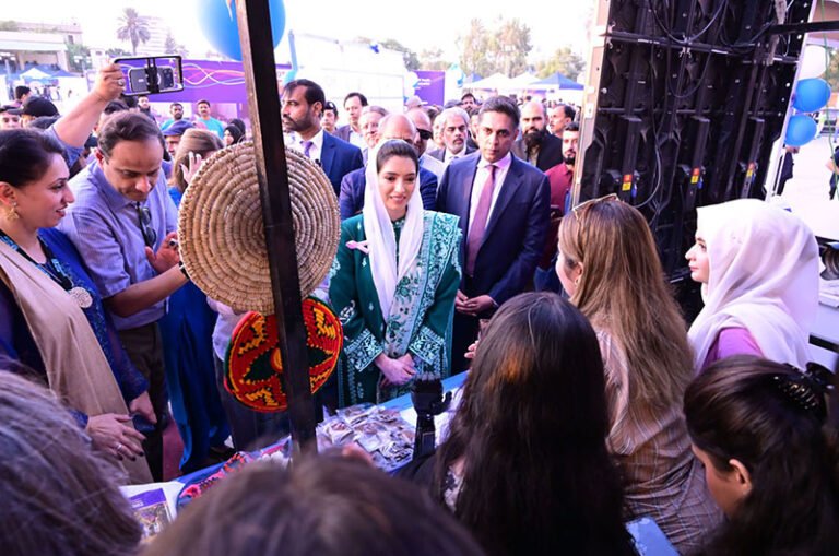 First Lady Aseefa Bhutto Zardari visits stalls during an event marking United Nations Day