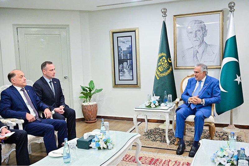 Deputy Prime Minister/Foreign Minister Senator Mohammad Ishaq Dar meets Belarusian National Security Adviser Lieutenant-General Aleksandr Volfovich at the Ministry of Foreign Affairs