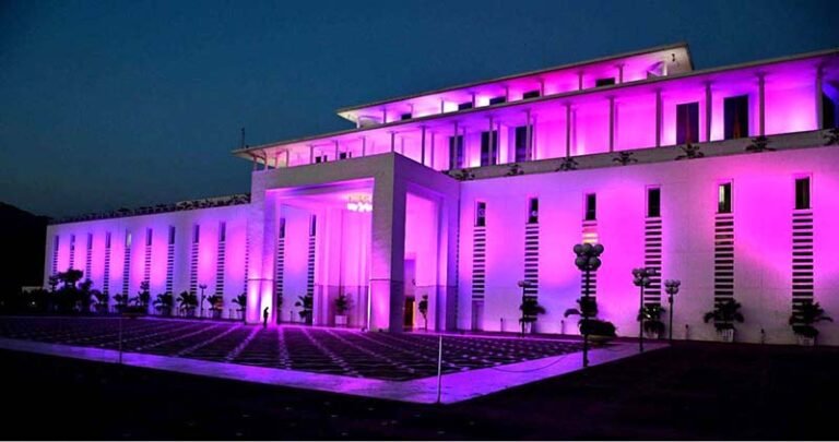 Aiwan-e-Sadr illuminated in pink to mark Pinktober, the annual breast cancer awareness campaign