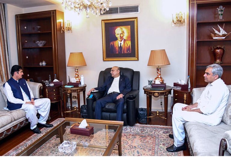 resident Asif Ali Zardari in a meeting with Governor Khyber Pakhtunkhwa Faisal Karim Kundi and Federal Minister for Interior Senator Mohsin Naqvi at Aiwan-e-Sadr.