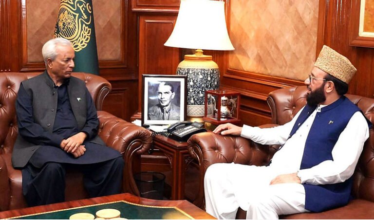 Federal Minister for Religious Affairs and Interfaith Harmony Sardar Muhammad Yousuf calls on Sindh Governor Syed Muhammad Nihal Hashmi at Governor House