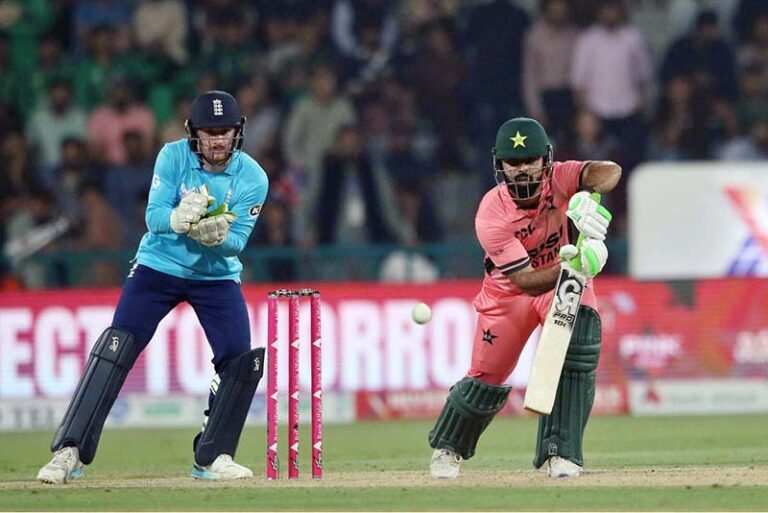 Pakistani batsman Shadab Khan plays a shot during the one-day international (ODI) tri-series cricket match between England and Pakistan at the Gaddafi Cricket stadium