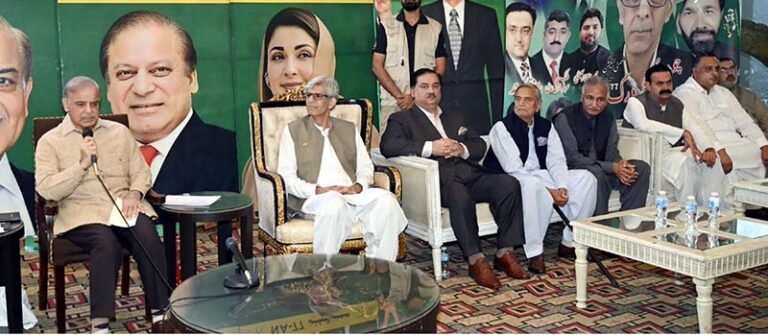 Prime Minister Muhammad Shehbaz Sharif addresses a gathering at the residence of late parliamentarian Mahmood Bashir Virk