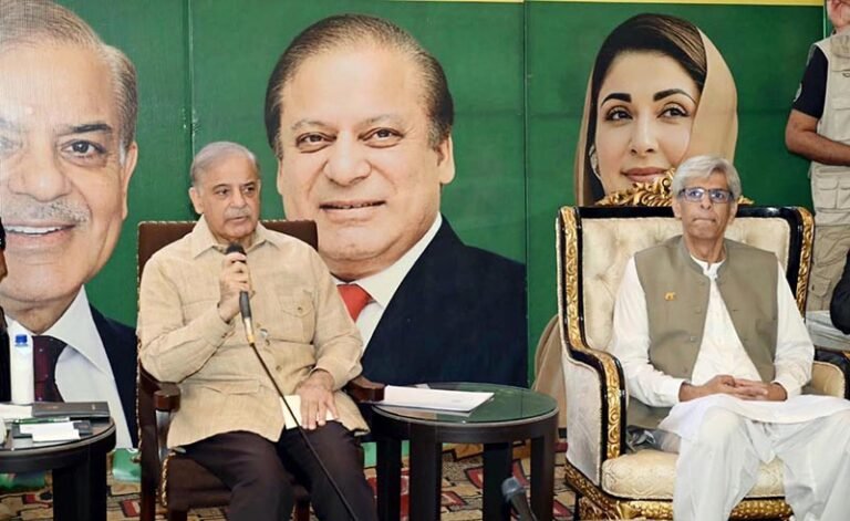 Prime Minister Muhammad Shehbaz Sharif addresses a gathering at the residence of late parliamentarian Mahmood Bashir Virk