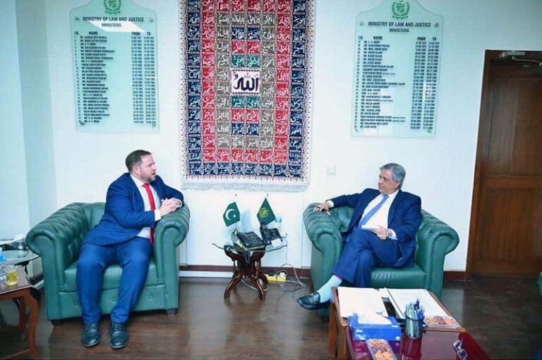 Federal Minister for Law & Justice and Human Rights Senator Azam Nazeer Tarar meeting with British Minister of State Stephen Doughty at his office