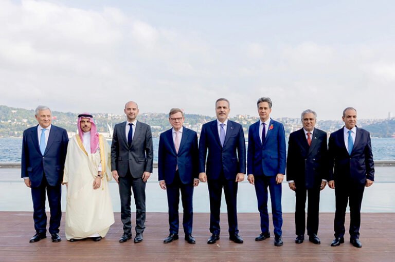 Deputy Prime Minister/Foreign Minister Senator Mohammad Ishaq Dar in a group photo with the Foreign Ministers of Türkiye, Saudi Arabia and Egypt, and their counterparts from France, Germany, Italy and the United Kingdom