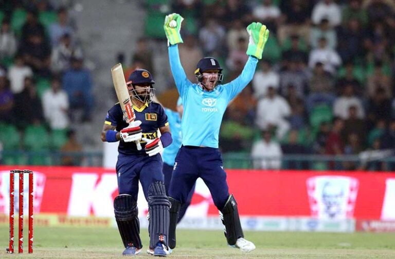 England Wicketkeeper Jordan cox catch and appeal(out) the Sri Lanka batsman Kusal Mendis out by Joe Root during the one-day international (ODI) tri-series cricket match between Sri Lanka and England at the Gaddafi Cricket stadium.