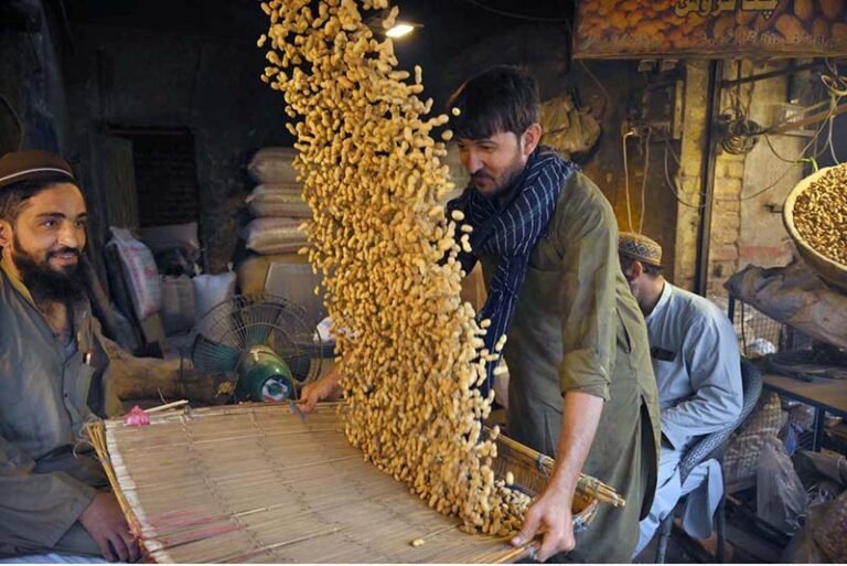 A labourer cleaning peanuts in a traditional way at Firdous Market