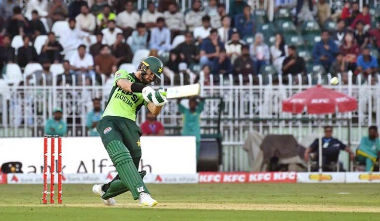 Pakistan’s batter Shaheen Shah Afridi plays a shot during the ODI Tri-Nation Series match between Pakistan and Sri Lanka at Rawalpindi Cricket Stadium