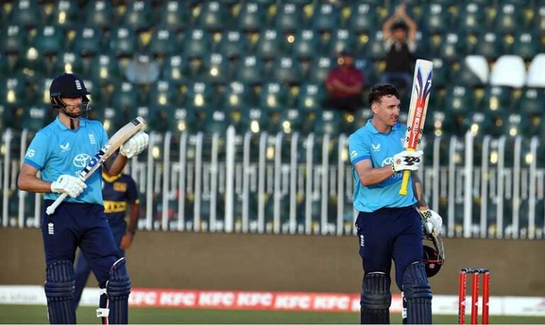 England’s Harry Brook celebrates after scoring double century during the tri-nation series one-day international cricket match between Sri Lanka and England in Rawalpindi Cricket Stadium