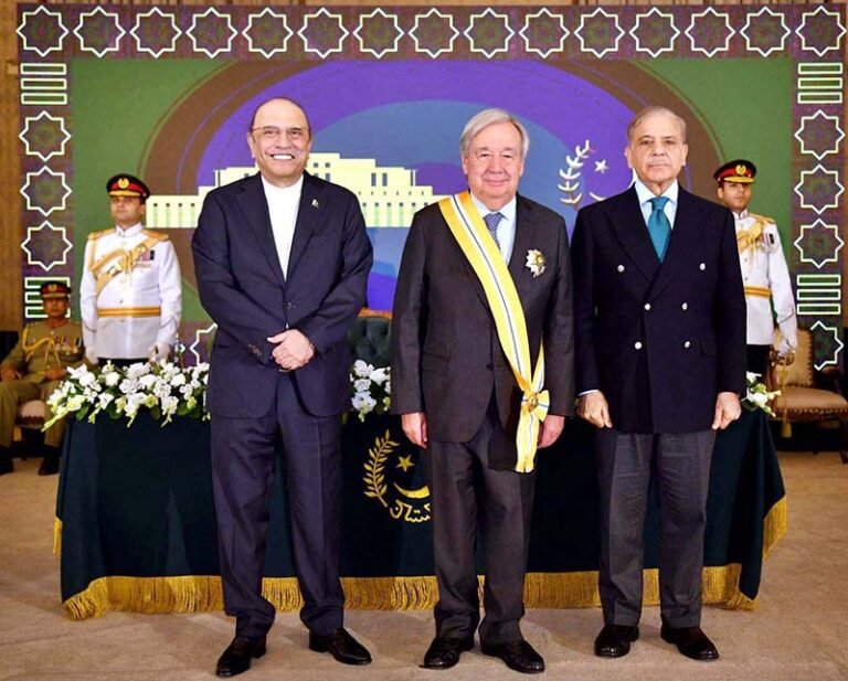President Asif Ali Zardari and Prime Minister Muhammad Shehbaz Sharif at a special investiture ceremony to confer the Nishan-e-Imtiaz on United Nations Secretary-General António Guterres at Aiwan-e-Sadr