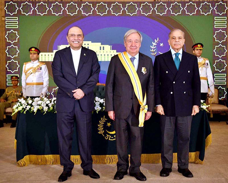 President Asif Ali Zardari and Prime Minister Muhammad Shehbaz Sharif at a special investiture ceremony to confer the Nishan-e-Imtiaz on United Nations Secretary-General António Guterres at Aiwan-e-Sadr