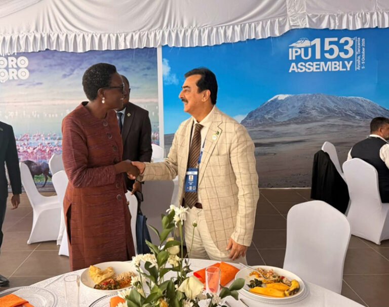 Chairman Senate, Syed Yousaf Raza Gilani shaking hands with Tulia Ackson President, IPU on the sidelines of the 153rd IPU Assembly.