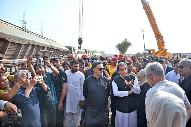 Federal Minister for Railways Muhammad Hanif Abbasi visits the site of the Rehman Baba Express derailment at Sher Shah Railway Station to inspect the damaged track and review relief operations