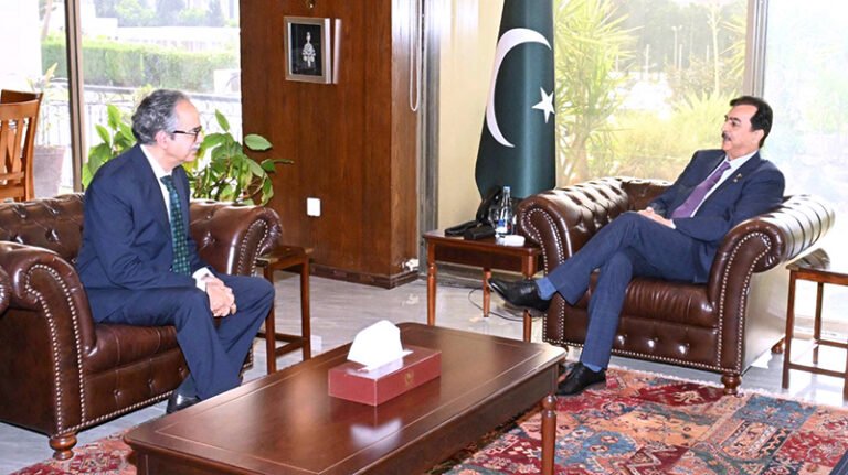 Secretary Foreign Affairs, Asim Iftikhar Ahmad calls on Chairman Senate, Syed Yousaf Raza Gilani at parliament house Islamabad.
