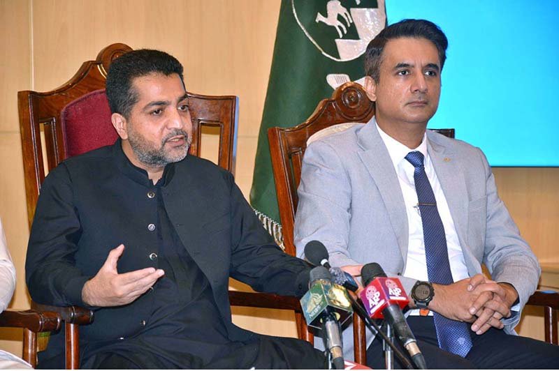 Balochistan Home Minister Ziaullah Langove along with Shahid Rind and Additional Chief Secretary for Home Hamza Shafqat addressing a press conference regarding improvement of law and order situation in Quetta