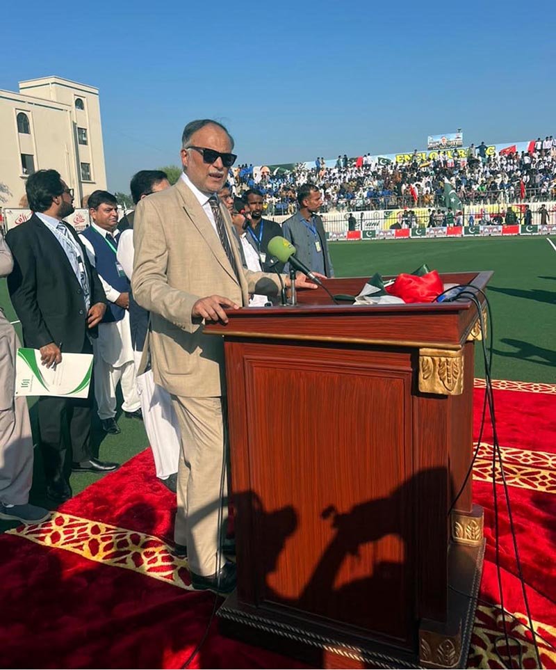Federal Minister for Planning, Development and Special Initiatives, Ahsan Iqbal addressing at the friendly hockey match between Pakistan Rangers and China’s Guangdong Province team at Narowal Sports City as the chief guest