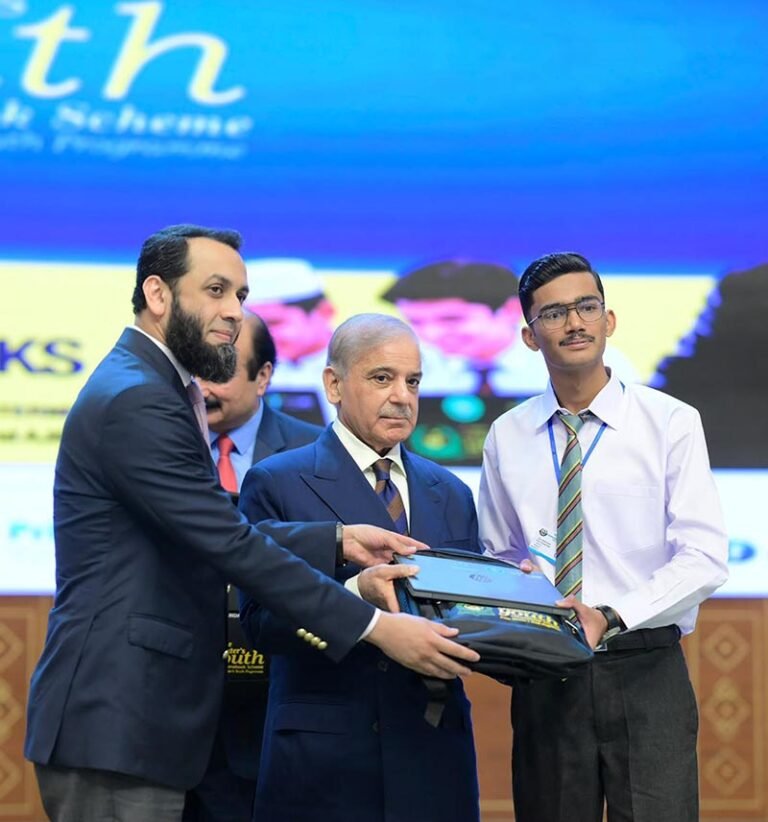 Prime Minister Muhammad Shehbaz Sharif hands over Chromebooks and Mifi devices to brilliant students from Madrassas and schools