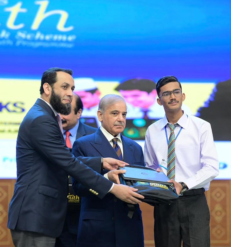 Prime Minister Muhammad Shehbaz Sharif hands over Chromebooks and Mifi devices to brilliant students from Madrassas and schools