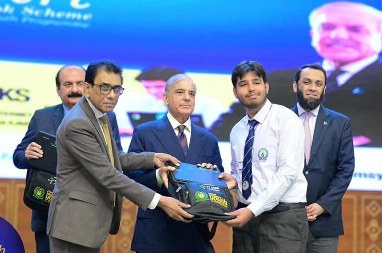 Prime Minister Muhammad Shehbaz Sharif hands over Chromebooks and Mifi devices to brilliant students from Madrassas and schools