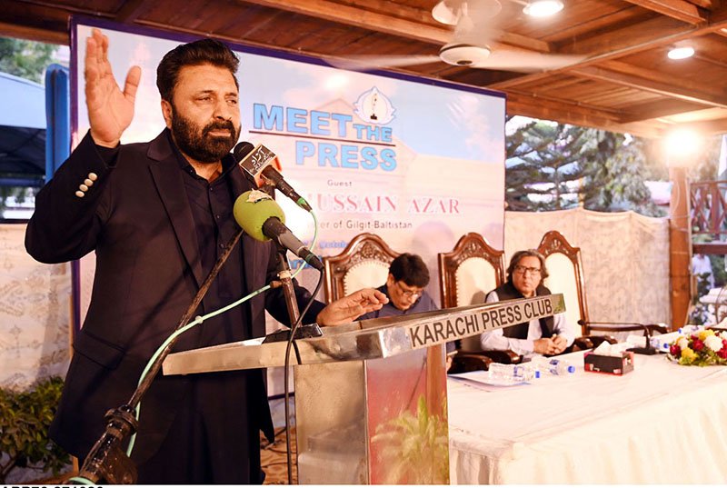 Gilgit-Baltistan Chief Minister Amjad Hussain Azar addresses a “Meet the Press” programme at the Karachi Press Club.