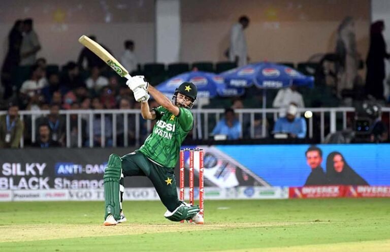 Pakistan’s batter Arafat Minhas plays a shot during the third T20 cricket match between Pakistan and Sri Lanka at Rawalpindi Cricket Stadium