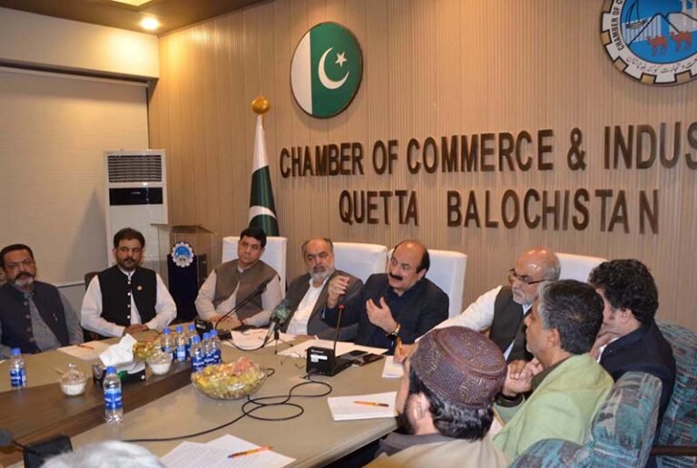 Chairman Prime Minister’s Youth Programme, Rana Mashhood Ahmed Khan, addresses a meeting at the Quetta Chamber of Commerce and Industry (QCCI), discussing youth development, entrepreneurship, and economic opportunities for young people