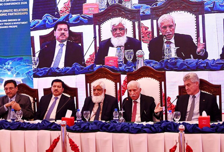 Federal Minister for Board of Investment Qaiser Ahmed Sheikh addressing the 1st Africa Diplomatic and Economic Conference 2026, at local hotel