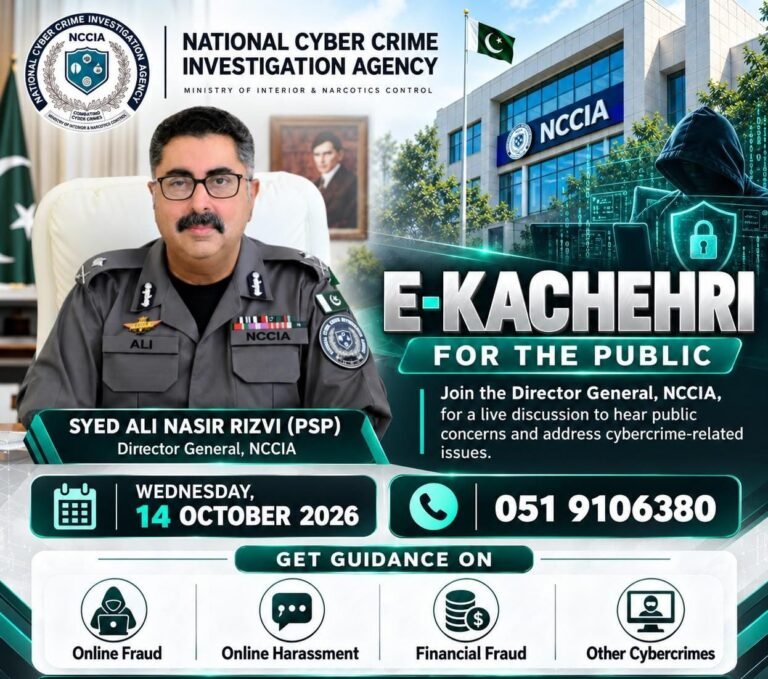 NCCIA DG Rizvi to hold e-kachehri on Wednesday to hear cybercrime complaints